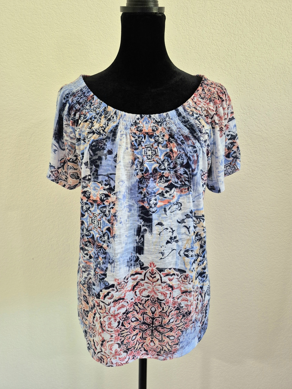 Dana Buchman Blue and Pink Medallion Off-Shoulder Blouse